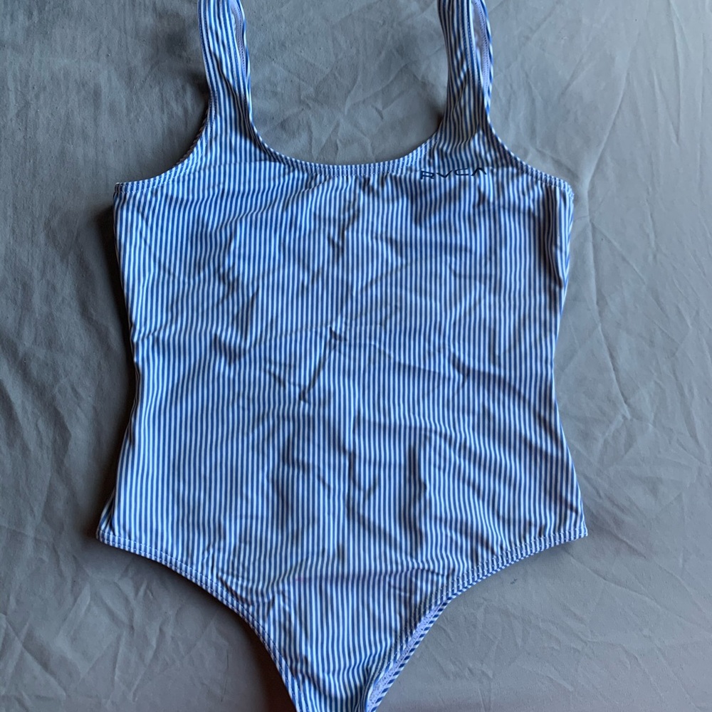 One piece striped bathing suit.